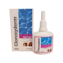 Clorexyderm spot gel är desinficering till hudeksem, hudveck och öron hos hund och katt. Den finns att köpa i Vetbutiken.