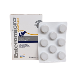 Ask med 32 tabletter Enteromicro complex tabletter. En karta om 8 tabletter visas framför förpackningen, som går att köpa på Vetbutiken.
