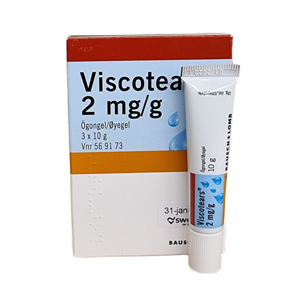 Viscotears, 3 x 10g är en vit tub med blå och orange mönster. En ögongel vid torra ögon som finns att köpa i Vetbutiken.