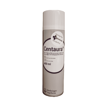 En grå sprayflaska med vitt lock. Centaura står i lila text mot vit botten. Myggmedel som fungerar på både människa och djur. Du köper den enkelt i Vetbutiken.