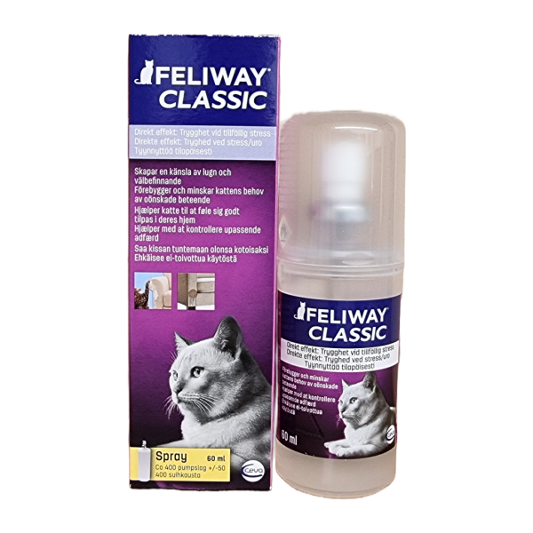 Feliway classic 60 ml spray är en större förpackning, med samma effektiva innehåll av kattens rogivande feromon. Finns att köpa hos Vetbutiken.