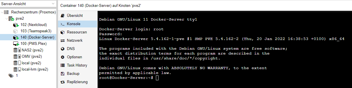 Proxmox Konsole SSH aktivieren für den Docker