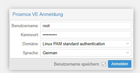 Benutzername und Passwort in der Weboberfläche auf deinem installieren Proxmox-VE-Server eingeben