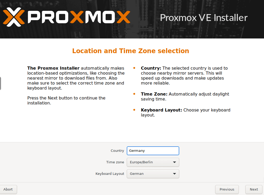 Installations-Assistent-Proxmox-Server-Zeitzone und Country auswählen