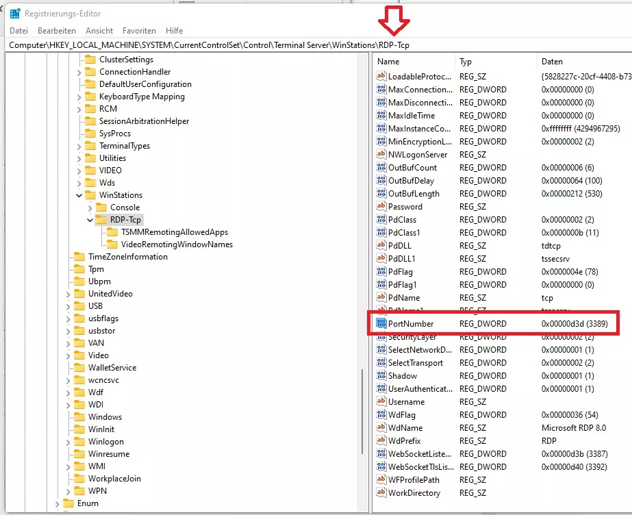 Änderung des RDP-Ports (TCP) für den Aufbau einer Remote-Desktop-Sitzung