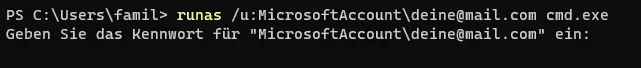 runas-Befehl für den Microsoft Account für die lokale RDP-Verbindung über MFA am System ausführen