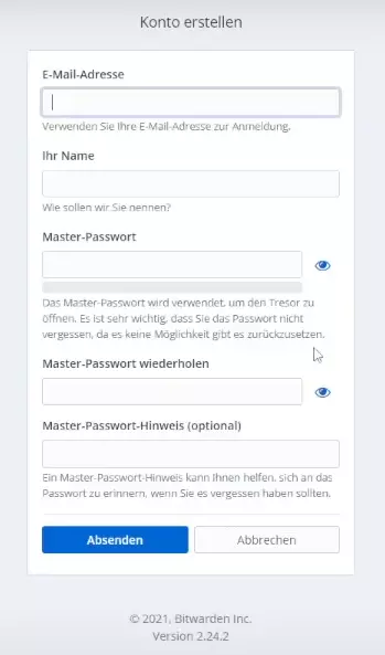 Account im Webinterface von dem Bitwarden Server erstellen