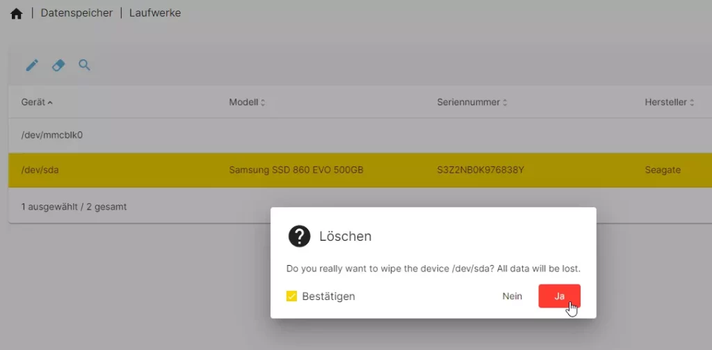 NAS mit dem Raspberry PI - Datenträger im OMV-Dashboard formatieren