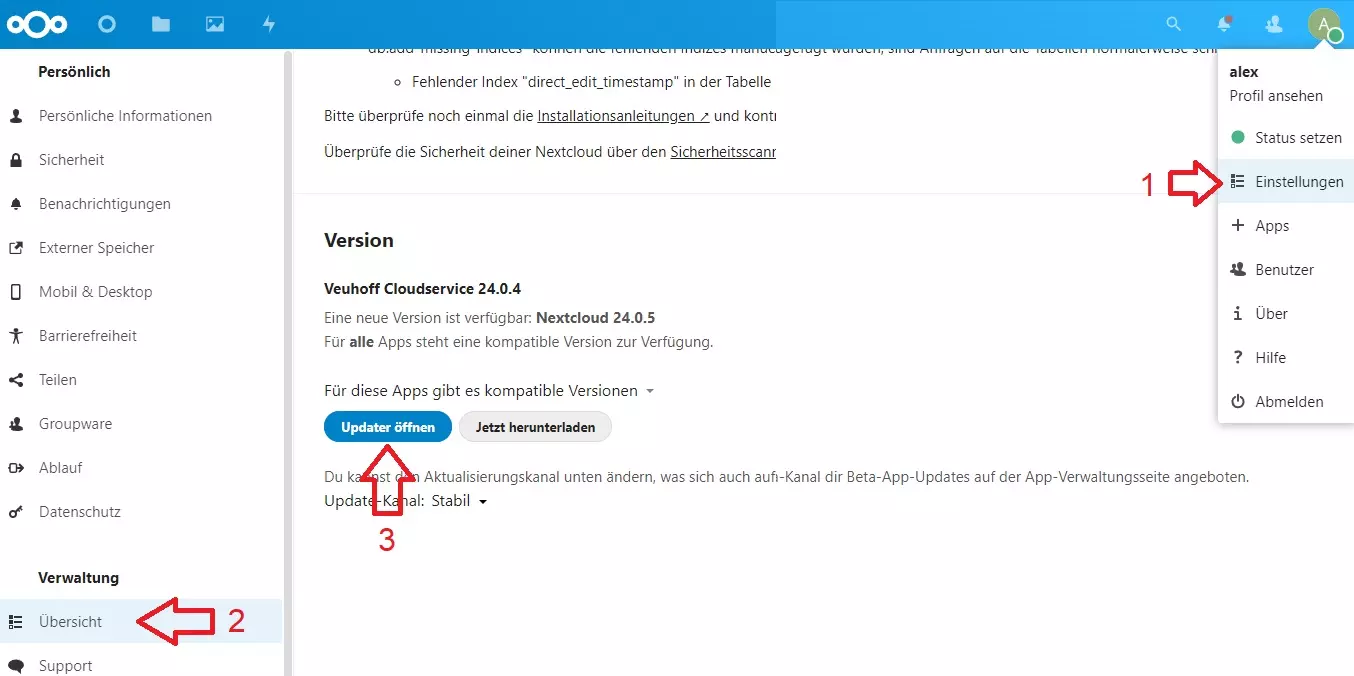 Nextcloud Updater über die Weboberfläche verwenden