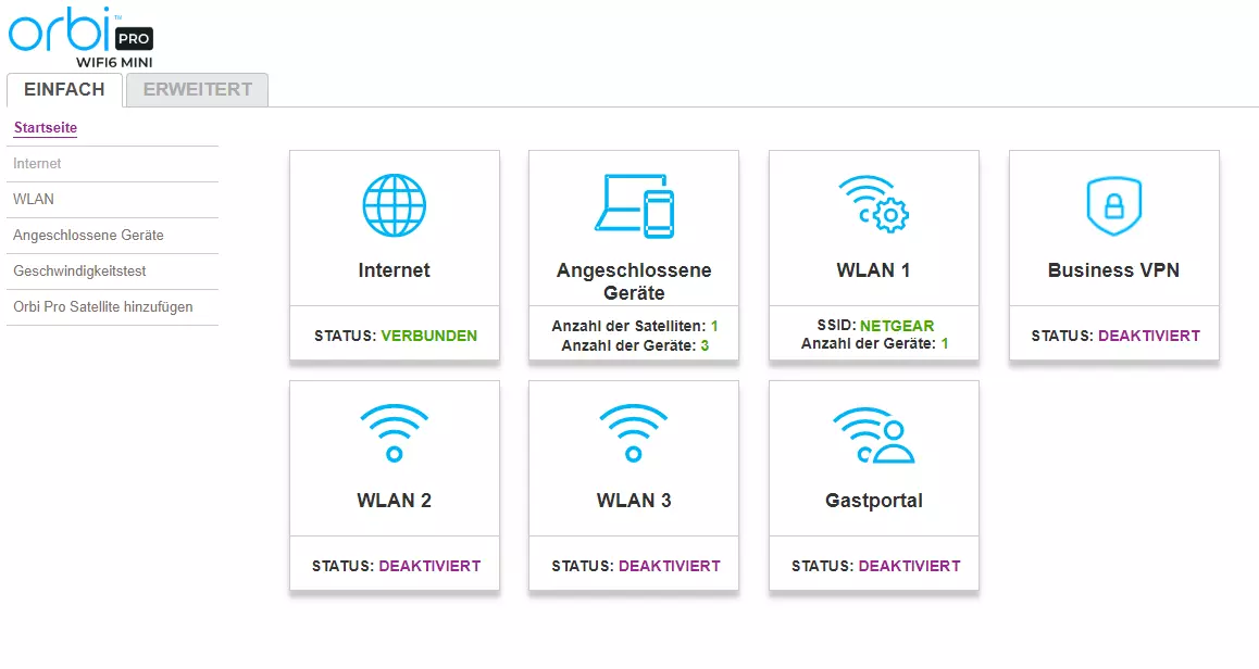 Weboberfläche (Dashboard) im Orbi Pro für Business