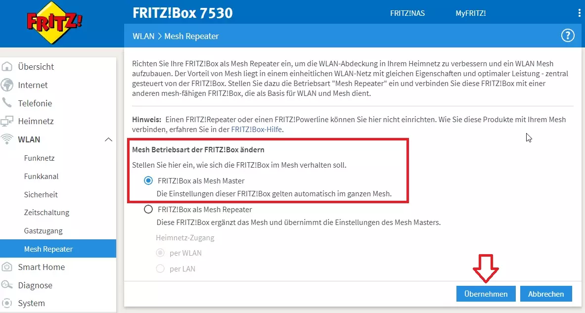 Mesh Master auf der neuen Fritzbox aktivieren