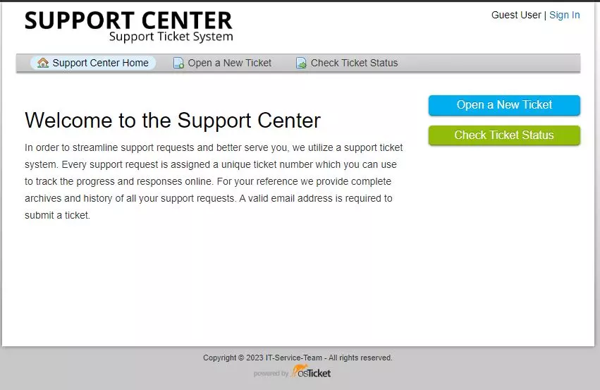 Das Support-Center für die Einreichung neuer Tickets und Anfragen