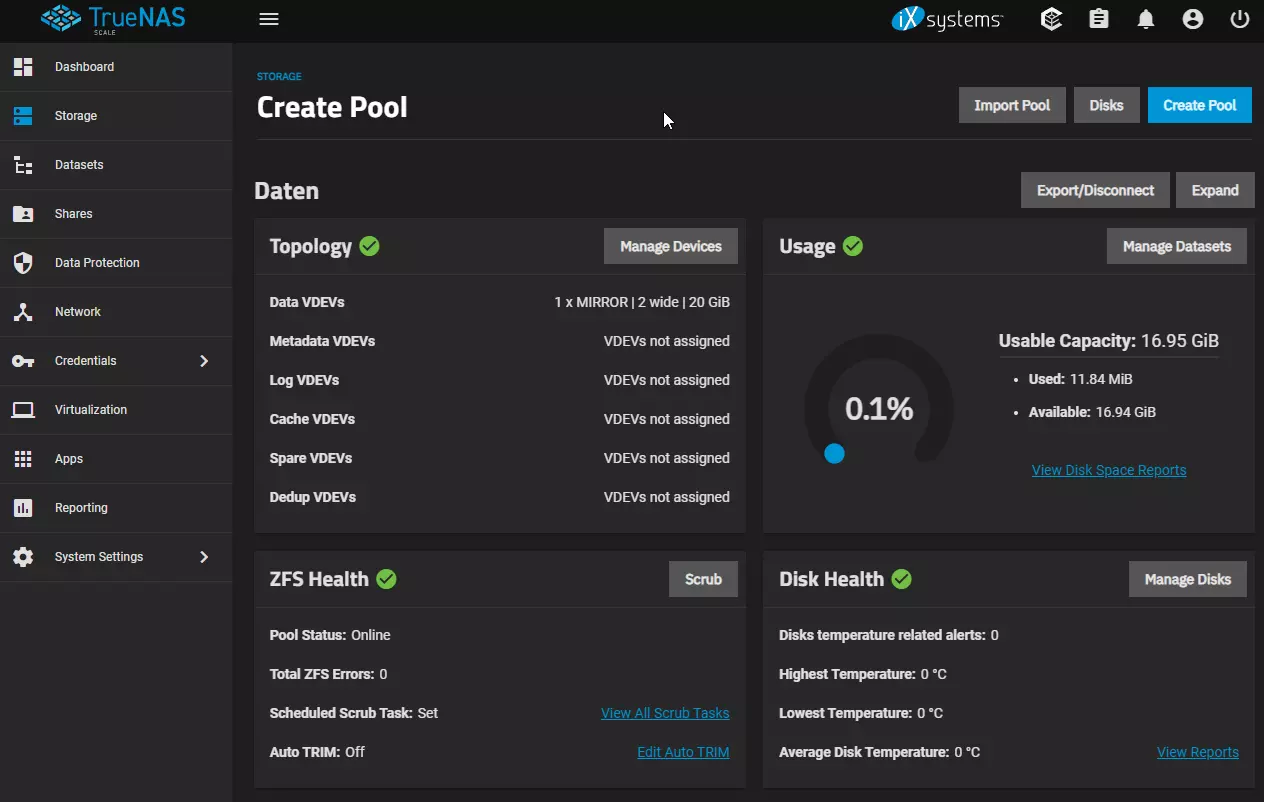 Der Storage unter TrueNAS Scale ist jetzt Online