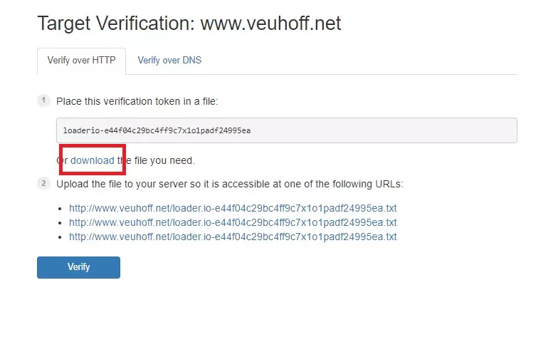 Download der Verify-Datei vom Lasten und Geschwindigkeitstest mit loader.io für deine Webseite