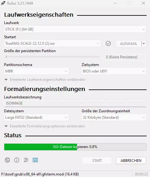 TrueNAS Scale ISO auf einen USB-Stick mit rufus kopieren