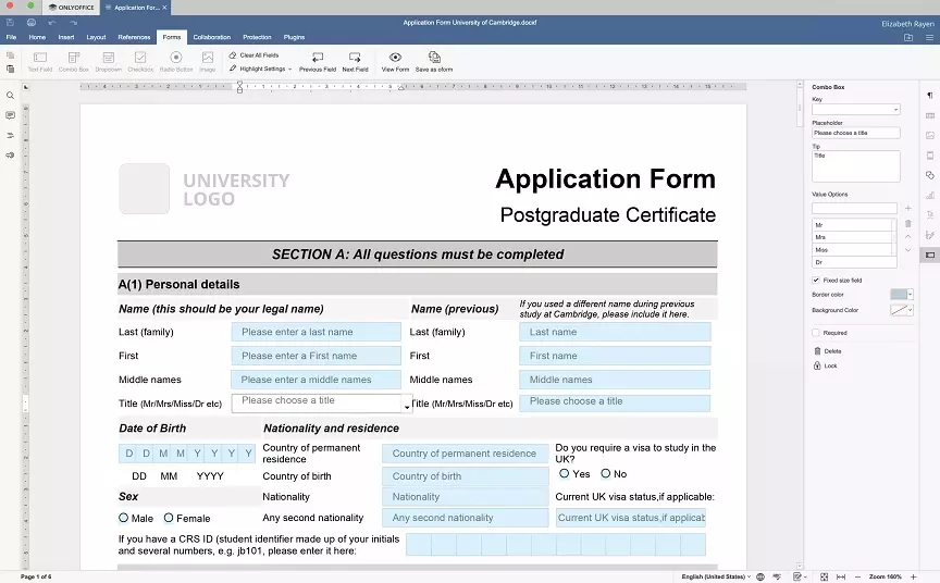 Formulare Ausfüllen und Bearbeiten OnlyOffice Desktop Editors 7.3