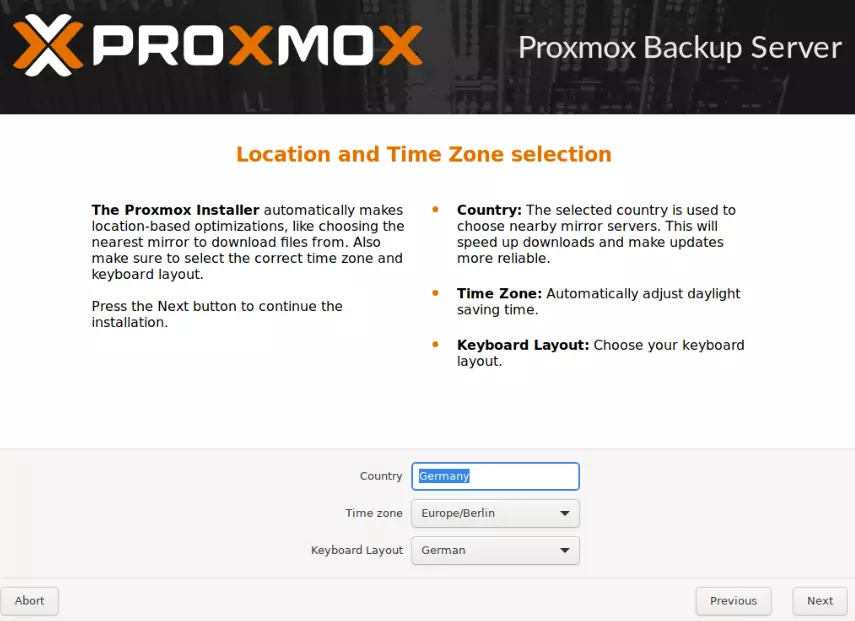Zeitzone und Land für den Backup-Server von Proxmox auswählen