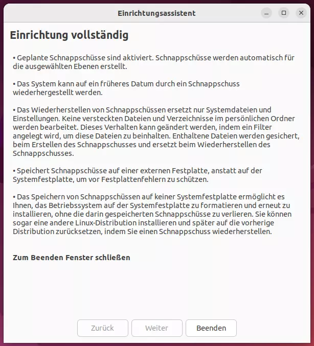 Installation von Timeshift für Linux Ubuntu - Debian - Arch und Fedora abgeschlossen