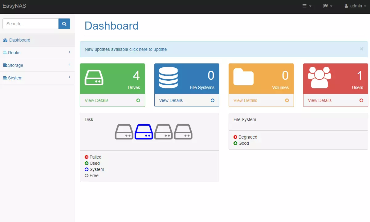 Das Dashboard (Weboberfläche) von EasyNAS direkt nach der Installation