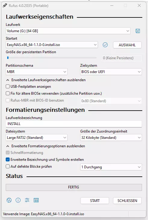 EasyNAS Download und Erstellung eines USB-Sticks mit rufus