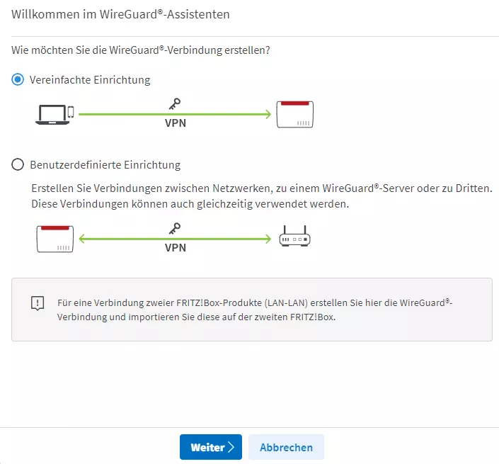 Eine Methode (Vereinfachte Einrichtung) für die VPN auswählen