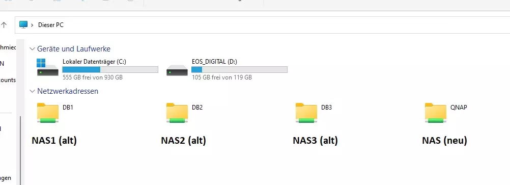 NAS Umzug Schritt 1 - IP-Adressen von beiden Speichern für die Synchronisierung mounten