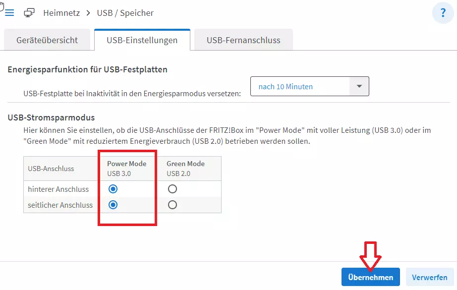 USB-Anschluss für externe Medien optimieren mit deaktivierung der Stromsparfunktion