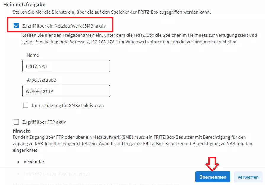 Zugriff über SMB (Netzlaufwerk) für die Fritzbox aktivieren