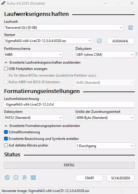 Einen bootfähigen USB-Stick mit dem XigmaNAS ISO erstellen