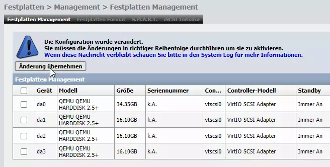 Übersicht der Festplatten für das RAID-Z