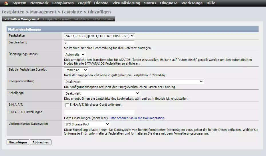 ZFS-Storage-Pool unter XigmaNAS installieren