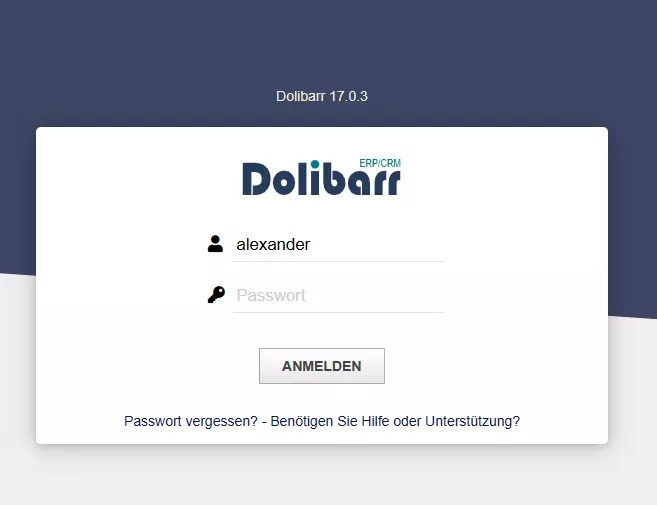 Installation von Dolibarr für Linux abgeschlossen - Anmeldeseite