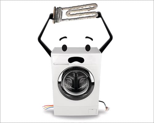 A washing machine with a sad face holds up a filament covered in limescale