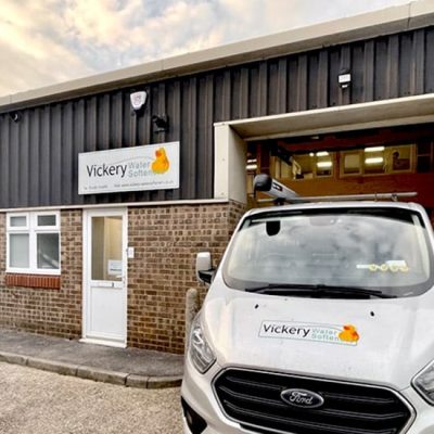 Image shows the VickeryVan at our HQ in Fareham from where we sell water softener salt and water softener installation services.