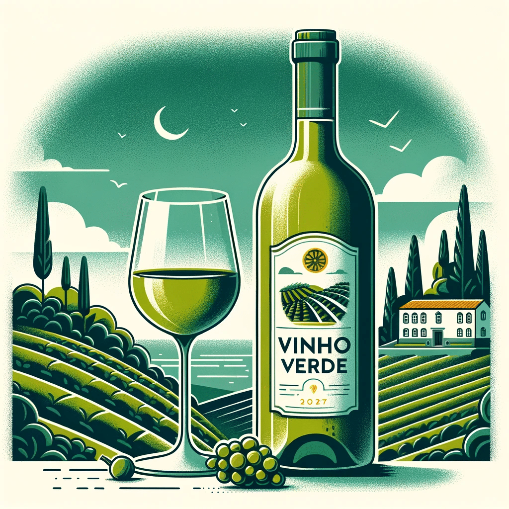 Vinho Verde vinflaske med etikett som viser en vingård i Portugal og et glass vin ved siden av