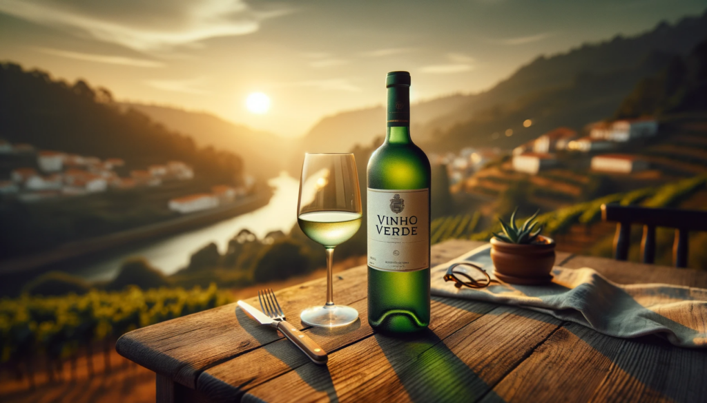 Vinho Verde vin på et trebord med et bakteppe av et portugisisk landskap under solnedgang