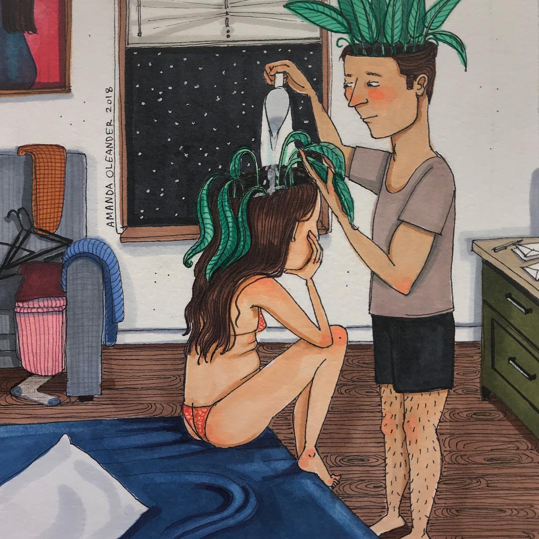artwork of a man watering the plants on a woman's head 