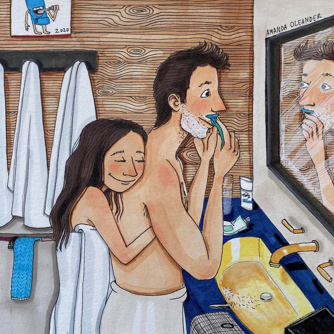 artwork of a woman hugging a man while he is shaving facial hair 