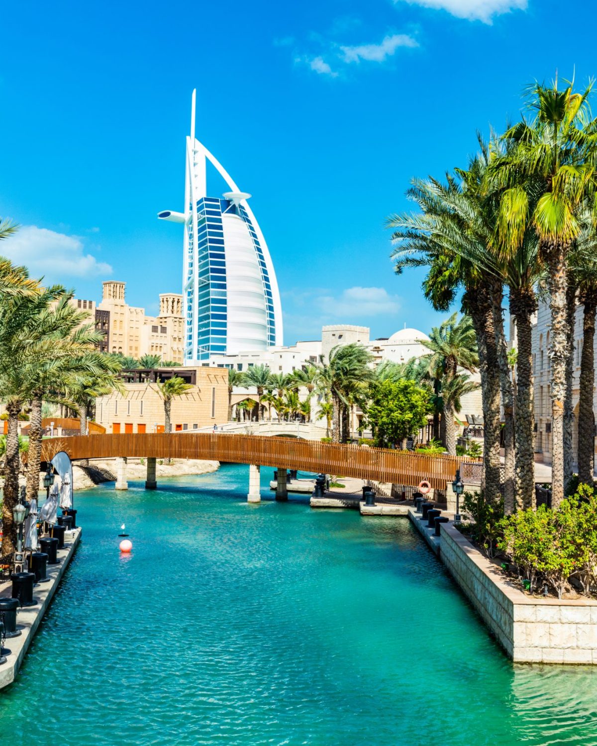 Burj Al Arab seen from madinat jumeirah in Dubai UAE. Traditional Arabian mini city