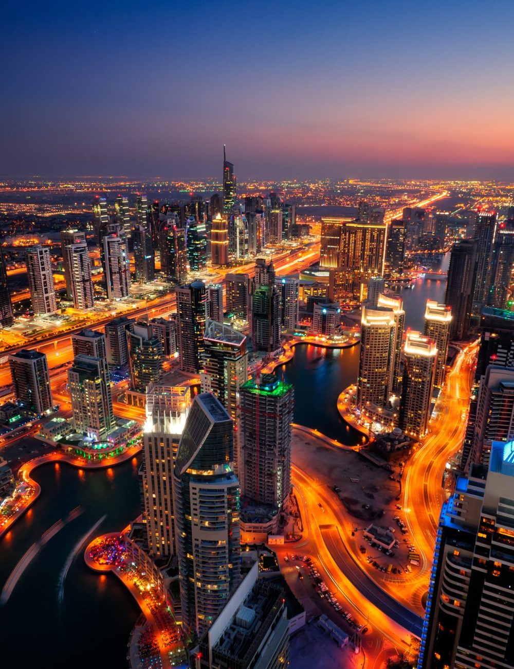 Majestic colorful dubai marina skyline during sunset. Multiple tallest skyscrapers of the world. Dubai marina, United Arab Emirates.