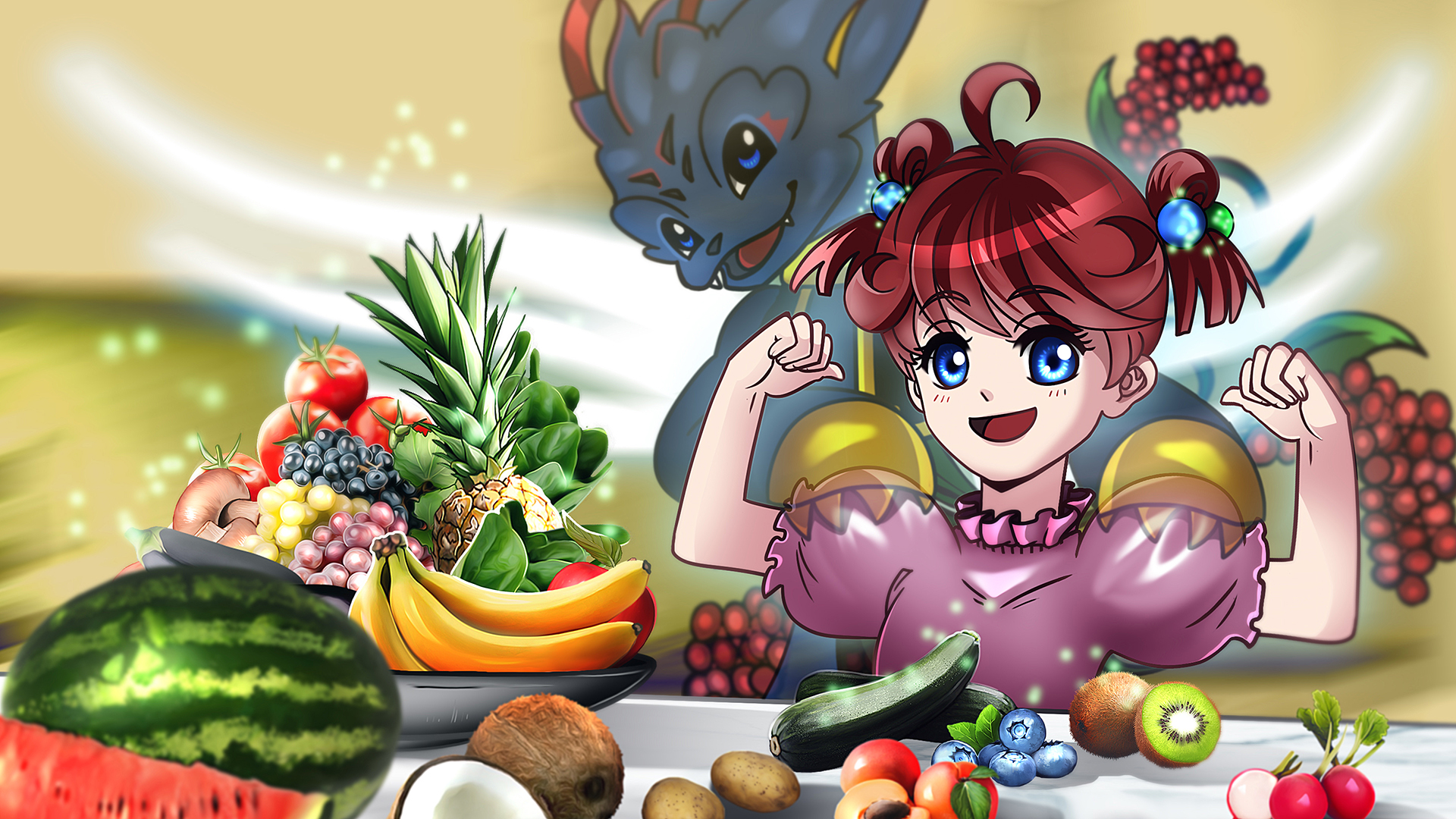 Vital Monster,glückliches Mädchen,Obst und Gemüse am Tisch