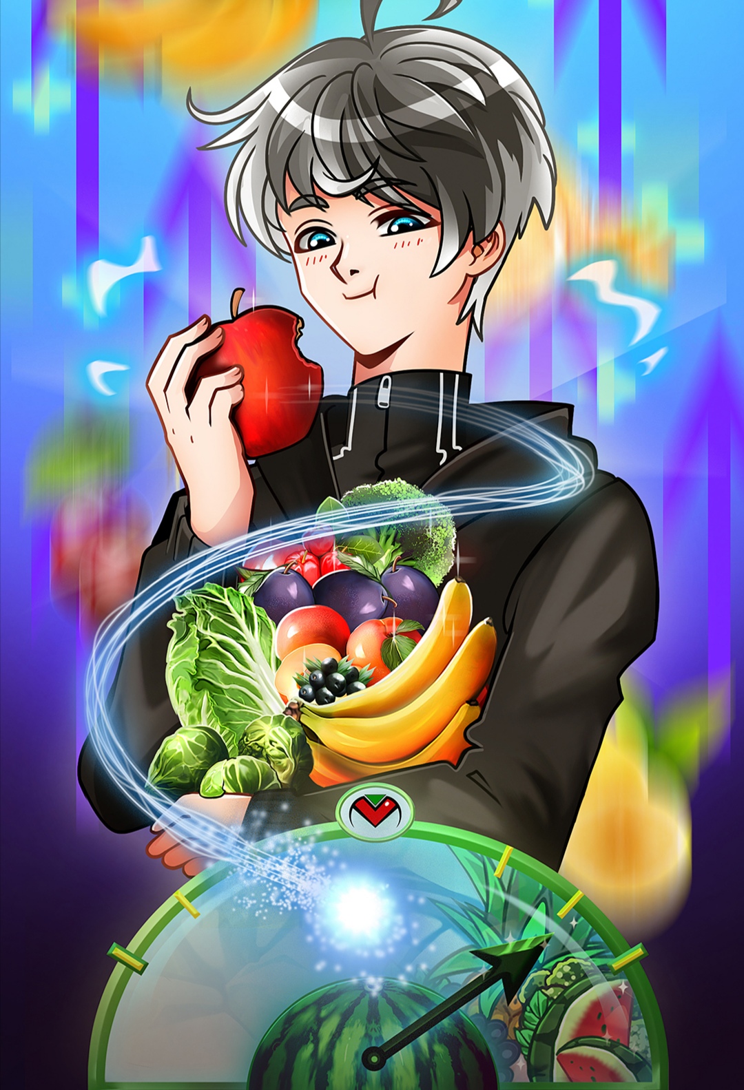 Ragazzo felice,mangia una mela,tiene in mano frutta e verdura,Vital Monster