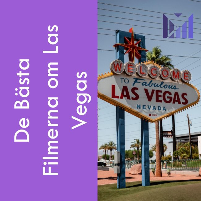 Ett foto av 'Welcome to Fabulous Las Vegas' skylten med en klar blå himmel i bakgrunden. Bilden har en lila sidopanel med texten 'De Bästa Filmerna om Las Vegas'. I övre högra hörnet finns VividWebs lila logga