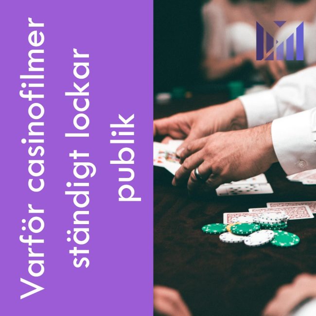 Ett närbildsfoto av en croupiers händer vid ett kasinobord, där han hanterar spelkort bredvid gröna casinomarker. Bilden har en lila sidopanel med texten 'Varför casinofilmer ständigt lockar publik'. I övre högra hörnet finns VividWebs lila logga.