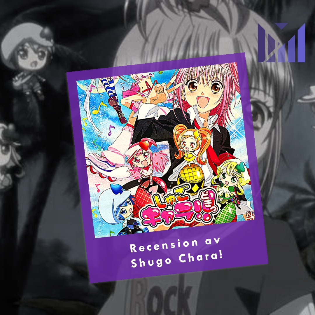 Illustration för en recension av anime-serien 'Shugo Chara!' som visar en samling färgglada animerade karaktärer, inklusive huvudpersonen i mitten med rosa hår och skoluniform, omgiven av fyra mindre figurer i olika färger och kostymer. Bakgrunden är ljus och tecknad med stjärnor och musiknoter som ger ett energiskt intryck. Nedanför bilden står texten 'Recension av Shugo Chara!' på en lila bakgrund. I övre högra hörnet är VividWebs logotyp placerad.