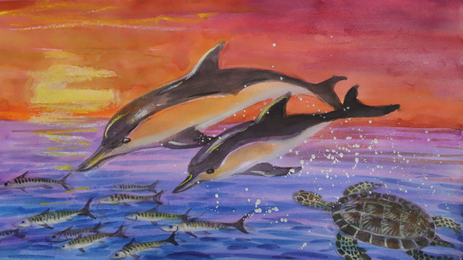 The seascape featuring dolphins, a sea turtle and a school of mackerel