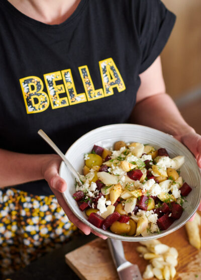 witte asperges met rode biet, feta en aardappel