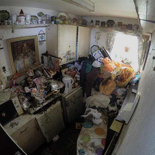 hoard clearance in a kitchen, full of waste and rotting food