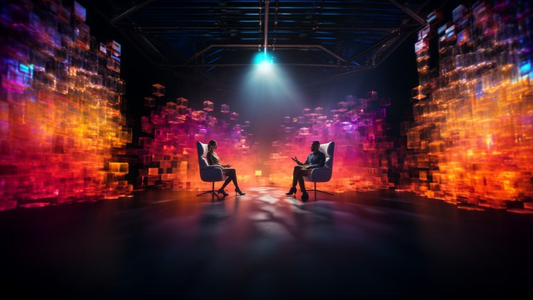 An AI-generated image portraying an interview in a Virtual Production studio setting