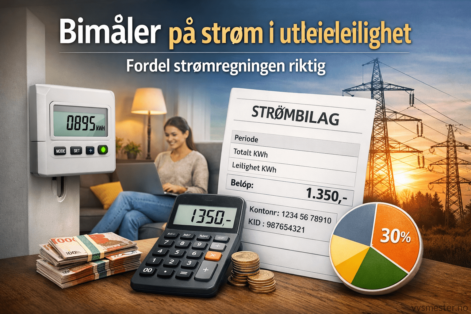 Bimåler på strøm i utleieleilighet – slik fordeler du strømregningen riktig basert på faktisk kWh-forbruk.